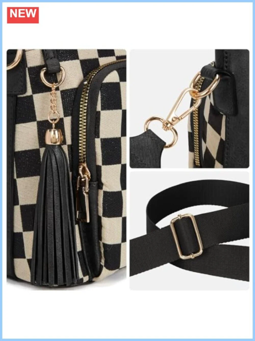 Checkered PU Leather Crossbody Purse for Women Plaid Medium Over Shoulder